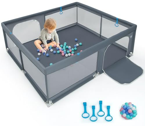 COSTWAY 200 x 180cm Laufstall baby faltbar, Laufgitter mit 50 Ozeanbällen & 4 Griffen, Krabbelgitter mit atmungsaktiver Mesh & Tür, Laufgitterzelt für Säuglinge und Kinder (Dark Gray)