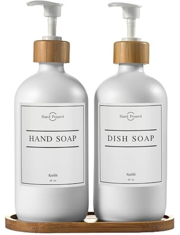 2 Pack White Soap Dispenser with Bamboo Tray, 500ml Glass Soap Dispenser, Soap Dispenser Bathroom & Kitchen, Hand soap Dispenser, Refillable Glass Pump Bottle with Waterproof Labels