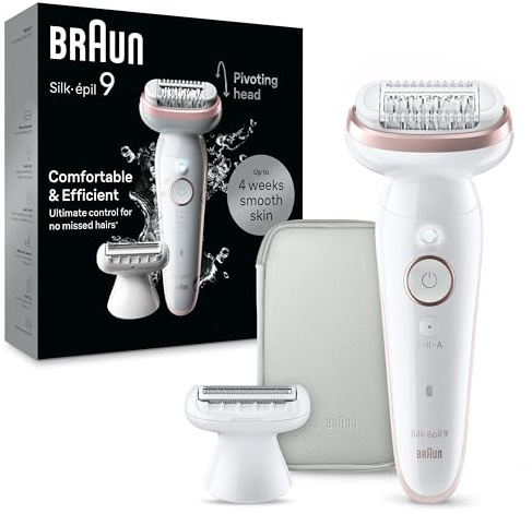 Braun Epilator Silk-épil 9, Hair Removal Device, Women Shaver & Trimmer, Pivoting Head, Wet and Dry Epilator, Includes Shaver Head and Trimmer Comb, SES9-030