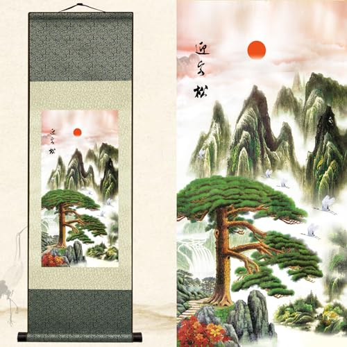 Newscz Familien-Wandkunst für Schlafzimmer-Dekorationen, Wandbilder, Seide, Schriftrolle, Landschaftsmalerei, Poster, Drucke, Flurdekoration, asiatische Raumdekoration, Wandteppich, hängende