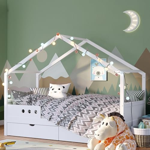 Bellabino Bela Kinderbett 90x200 cm – Hausbett mit Rausfallschutz & Lattenrost – Kinder Bett mit 2 Schubladen für Jungen und Mädchen aus Holz – Montessori Kinderhausbett in Natur
