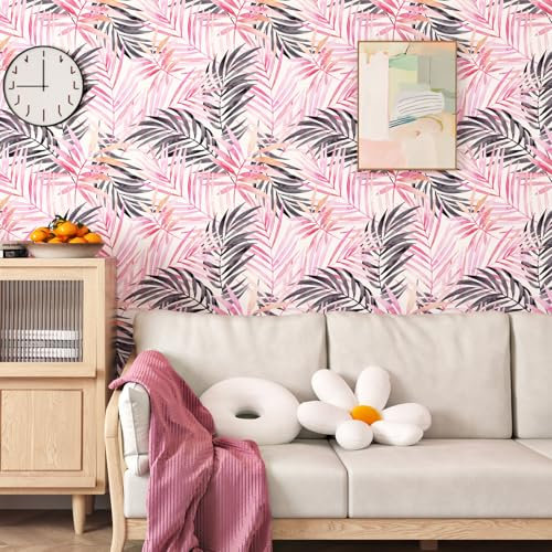 Yullpaper Dschungel Tapete Rosa Grau Klebefolie Muster Selbstklebende Tapete Blumen Vintage Blätter Muster Folie für Möbel Rosa Tapeten Wohnzimmer Möbelfolie Selbstklebend Schrankfolie 44.5cm X 300cm