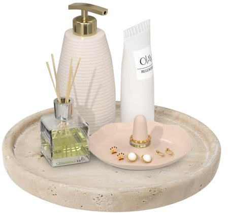 XINFUHUA Travertine Tray, Small Ceramic Vanity Tray for Bathroom Counter Decor, Round Marble Decorative Trays for Coffee Table (Beige, Medium Size)