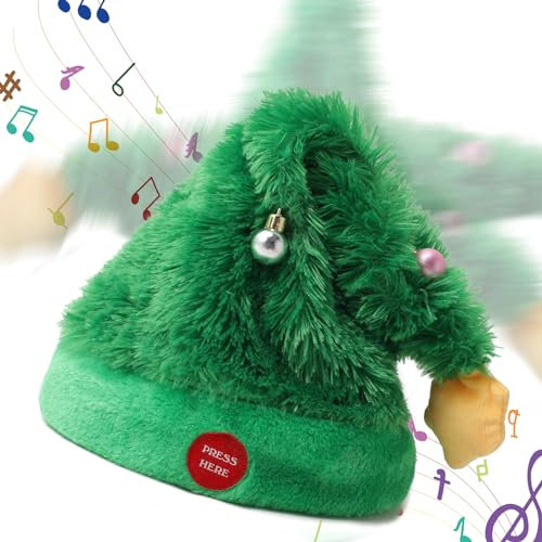 Gfilay Chapeau de Noël électrique à balancement musical en forme d'arbre dansant en peluche - Chapeau de Père Noël électrique interactif et musical pour adultes et enfants - Décoration de Noël