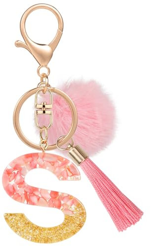 MWOOT Name Buchstabe S Schlüsselanhänger, Rosa Schlüsselband für Damen, Harz Schlüsselringe für Tür Auto Schlüssel Handtaschen Deko