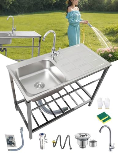 AutmDizyne Fregadero Exterior Jardin Comercial Fregadero Industrial Acero Inoxidable Fregadero De Cocina con Grifo Y Banco De Trabajo Fácil De Lavar Fregadero Utilitario para Restaurante Lavandería