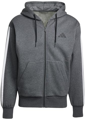 adidas Uomo Essential Three Stripes Fleece Zipper Hoodie, Dark Grey Heather/Black, M