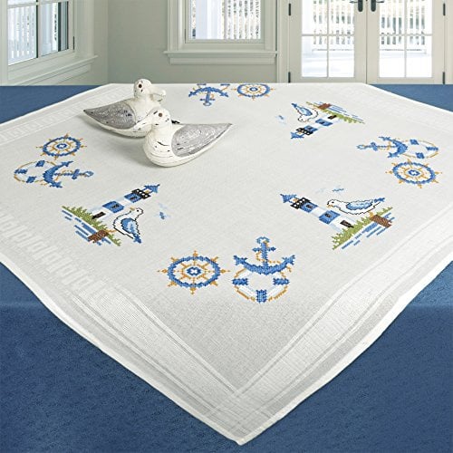 KAMACA Stickpackung Tischdecke Kreuzstich vorgezeichnet komplettes Stickset mit Stickvorlage Stickerei-Kit zum Selbersticken Erwachsene (Am Meer MD 80x80 cm)