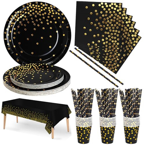 Nkaiso 126pcs Noir Or Party Vaisselle, Decoration fête Anniversaire Kit,Papier Assiette Papier Tasse Serviette Pailles Nappe,en Mariages Baby Shower Noël, 25 invités