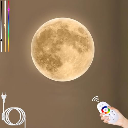 LOGT LED Mond Wandleuchte mit Fernbedienung RGB Dimmbar Runde Wandlampe Innen mit Stecker und Kabel Mond Design Lampe Wand Deko Wandbeleuchtung APP Kontrolle Nachtlampe für Schlafzimmer,27CM