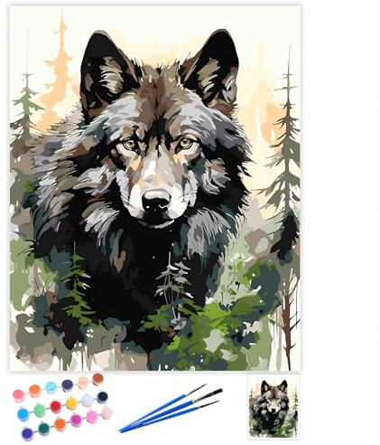 QIUQI Peinture Numero Adulte, Loup Kits de Peinture au Numéro pour Débutants, Paint by Numbers for Adults avec Pinceaux et Pigment 40x50 cm (sans Cadre)