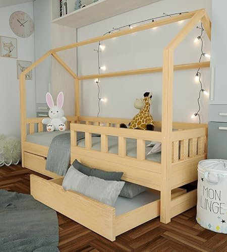 Holzti - Hausbett 140x70cm, mit Schubladen, Klarlack - Kinderbett aus Holz, mit Lattenrost und abnehmbarem Rausfallschutz - Bodenbett bis 180 kg Belastbar, aus Kiefernholz - für Mädchen, Junge