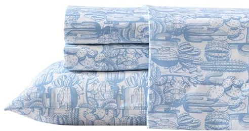 Wrangler - Sheet Set, Breathable & Wrinkle Resistant Bedding with Matching Pillowcases, Yellowstone Inspired, Fully Elasticized (Cactus Toile Blue, Full)