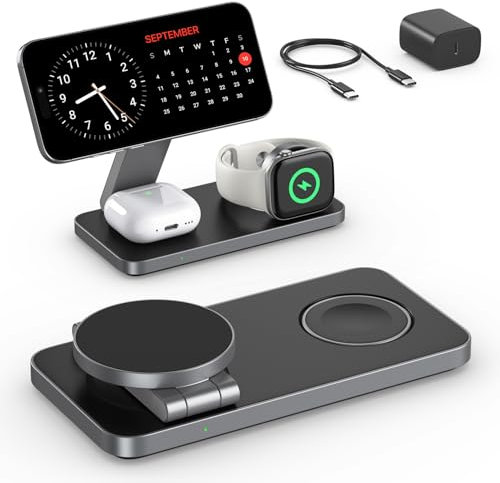 Induktive Ladestation Kompatibel mit Magsafe Ladegerät,QTlier 3 in 1 iPhone Ladestation für 15/14/13/12 Serie,30W Wireless Charger für Apple Watch 8/7/6/5/4/3/2/SE und AirPods 3/2/Pro (Tief Schwarz)