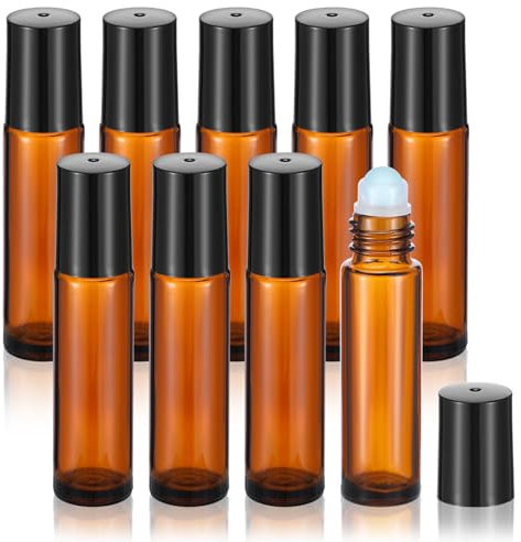 Wanmu 9 Pcs 10ml Essential Oil Roller Bottles, Glass Amber Perfume Bottles Empty with Extra Glass Balls, Roller Bottle for Essential Oils, Rollers Ball Applicator