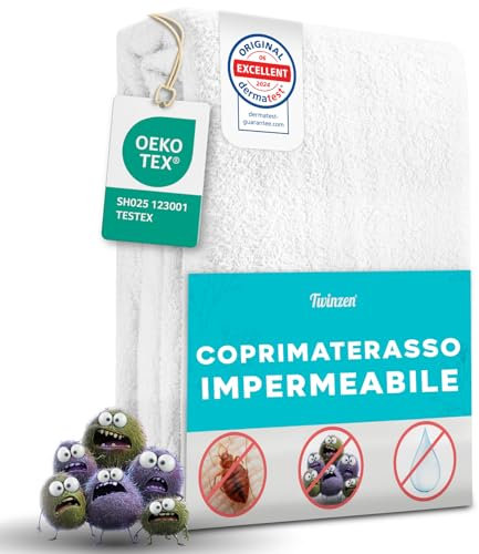 Twinzen - Coprimaterasso Matrimoniale con Cerniera - Proteggi Materasso Impermeabile 180x200 x 25 cm - Antiacaro e Anticimici - Bi-Ome & Oeko-Tex