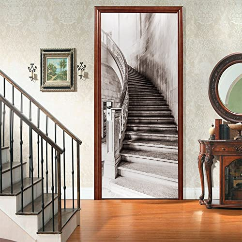 Türtapete Selbstklebend Schwarze Treppe Türposter Fototapete PVC Türaufkleber Türfolie Türtattoo 95x215 cm für Schlafzimmer Badezimmer Wohnzimmer Küche Toilette