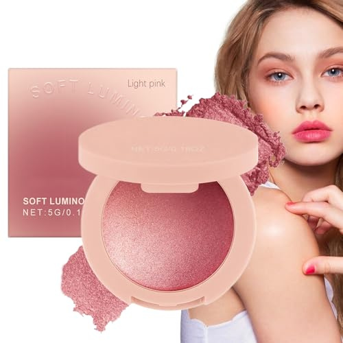 Blush Powder Makeup, Face Cheek Blush Compact, Buildable Long-Lasting Shimmer Cosmetic, Lightweight Contour Highlighter for Women Girls All Skin Tones, Beauty, 5g, Pink