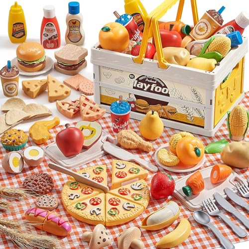Comirth 83tlg Spiellebensmittel Set Weizenstroh – Kinderküche Zubehör mit Picknickkorb & Decke – Nachhaltiges Spielzeug Essen zum Schneiden mit Klett, Pizza & Obst – Geschenk für Kinder & Kleinkinder