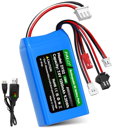 Mspalocell Batteria 7,4 V Lipo 1250 mAh PH2.0/JST/SM-2P/MX2.0 Batteria 25C, con Spina Bilanciamento XH2.54-3P & Caricatore USB, per WLtoys RC Crawler SCX24 CR18P FCX18 FCX24, per RC Car Barca Aereo
