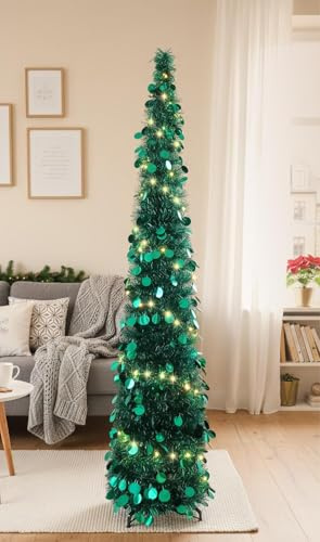 TOPSOSO Albero di Natale pop-up, 150 cm, colore verde pavone, con luci paillettes lucide, pieghevole, per appartamenti moderni, dormitori, uffici, angoli e finestre