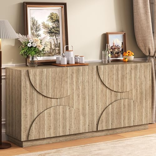 FammyLoft Sideboard Wohnzimmer mit 4 Türen, Buffetschrank mit Regalen und Rebounder, 160×40×80cm, Modern Wohnzimmerschrank für Esszimmer & Flur, Holz