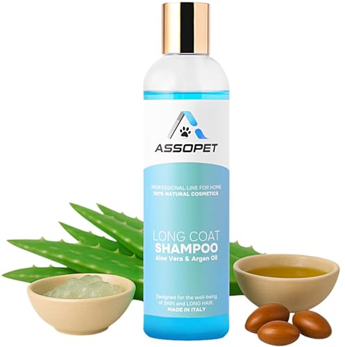 Hundeshampoo Langhaar 250 ml – ASSOPET – Natürliches Entwirrungs-Shampoo mit Bio-Arganöl & Bio-Aloe Vera – Sanft, Vegan, Für Weiches & Glänzendes Fell – Made in Italy