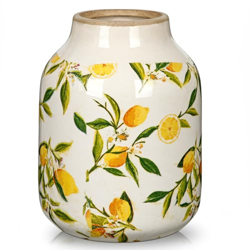 21cm Vintage Keramikvase mit Zitronenmuster Tischvase | Keramikvase für Deko Wohnzimmer Home Office, Vase für Pampasgras, Rustikales Antikes Dekor, Dekovase im Landhausstil