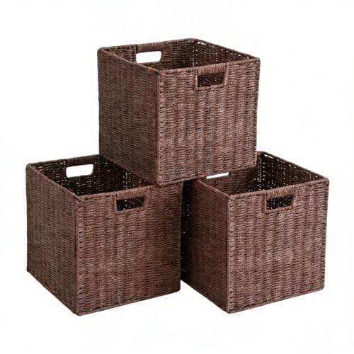 3er-Set Aufbewahrungs Korb geflochten,Aufbewahrungskorb Regalkorb Faltbar,Regalkörbe,Regalbox Storage Box (Braun 28x28x28 cm)