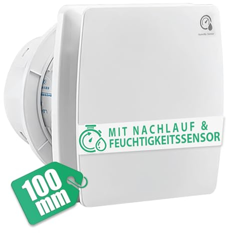 Leiser Badlüfter 100mm, Mit Feuchtigkeitssensor & Nachlauf, Abluftventilator Wandventilator mit Rücklaufklappe, Lüfter f. Bade Küche WC, Decke & Wandmontage [Energieeffizient 12W, 95m³/h, 34dB] Weiß