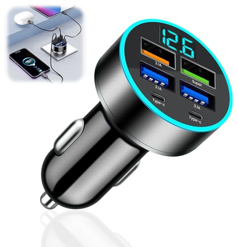 Zigarettenanzünder Adapter USB-C 50W Schnellladegerät mit LED Voltmeter, 4*USB-A & 2*USB-C Auto Ladegerät 12V/24V Aluminiumgehäuse