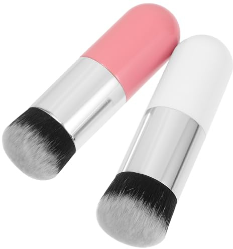 VILLCASE Lot de 2 Pinceaux à Maquillage pour Fond de Teint en Fibres Synthétiques Manches en Plastique, Brosses Visage Confortables pour Application Liquide et Crème