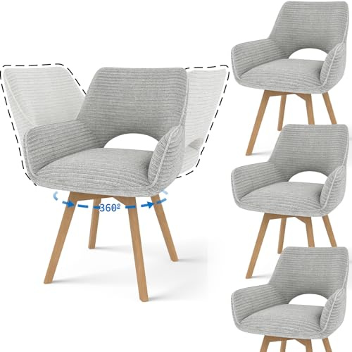 JIJIAN 4er Set 360° Drehbare Esszimmerstühle mit Armlehnen, Grau | Drehbar Stühle Esszimmer mit Holzbeinen, Moderner Küchenstuhl aus Cord, Polsterstuhl für Esszimmer, Küche, Wohnzimmer
