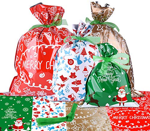 MIAHART 10 Pack Xmas Gift Bags Large Size Gift Wrapping Assorted Styles Present Gift Bags with Ribbon Ties for Xmas Wrap Gifts