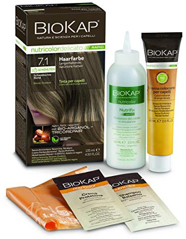 BIOKAP RAPID Permanente Haarfarbe 7.1 Schwedisches Blond | NUR 10 MINUTEN EINWIRKZEIT | Bio Arganöl - TricoREPAIR Komplex - VEGAN | Optimale Grauabdeckung | Bis zu 80% natürliche Inhaltsstoffe