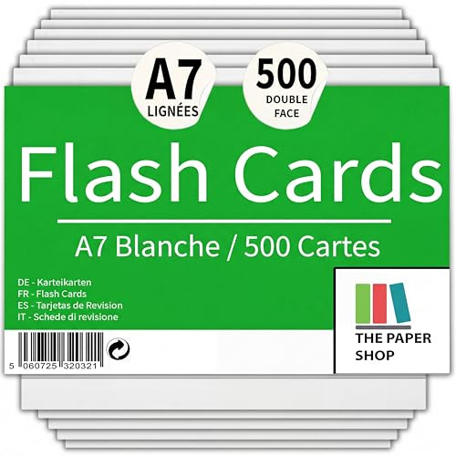 The Paper Shop Karteikarten A7 Liniert Weiß - Lernkarten 155 g/m² (500 Stück) | Lernkarten & Vokabelkarten für Schule Studium Prüfung | Index Cards Flashcards 127 x 76 mm 5x3-500 Stück