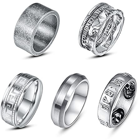 Cloyo 5 Stücke Silber Edelstahl Ringe Herren Set Totenkopf Ring Vintage Punk Biker Ring mit Griechischer Schlüssel Mustern Matte Größe 54