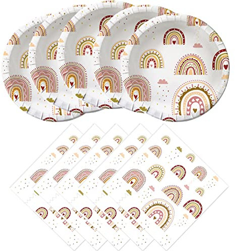 Hzleyw Boho Rainbow Birthday Party Supplies, 20 Plates and 20 Napkins, Boho Rainbow Birthday Party Baby Shower Decorations Supplies Paper Plates Napkins for Girl Boy 20 Guests