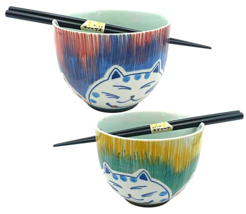 Donburi Bowl and Chopstick Set with Cat Design, Ceramic Bowls for Ramen, Noodles, and Rice, Made in Japan, Set of 4, 5 Inches