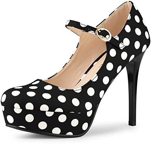 Allegra K Women Polka Dots Round Toe Stiletto Platform Mary Jane Pumps | Satin upper. Cushioned sole. Ankle strap closure. Polka dots design. Round toe. Party, wedding, date