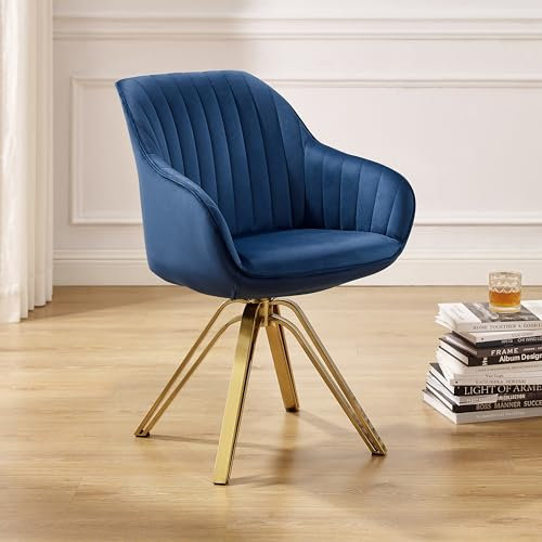 Zouron Chaise de Salle à Manger en Velours avec Pieds dorés, Chaise pivotante, Chaise de Bureau sans roulettes, Chaise de Salon avec accoudoirs et Assise rembourrée, Chaise de Cuisine, Bleu foncé