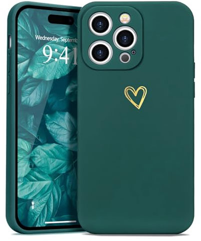 Wirvyuer Compatible with iPhone 14 Pro Case for Girls Women Silky Soft Protective Shockproof Silicone Phone Case with Cute Gold Heart Pattern Design Green Bumper Cover