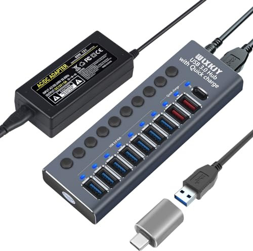 Holen Sie Sich den WLXKJY 72W (24V/3A) aktiven USB Hub – Mit 10 Anschlüssen und einem eleganten Aluminiumgehäuse – Übertragen Sie Daten mit 7 Highspeed-Ports und Laden Sie Geräte mit 3 Ladeports