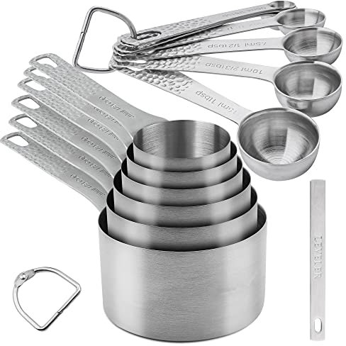 Viwehots Messbecher und Löffel, 14 Stück, 18/8 Edelstahl-Messbecher und Löffel-Set, 6 metrische Messbecher und 7 Löffel, 1 Wasserwaage, trockene Messbecher und Löffel-Set für Backen und Küche