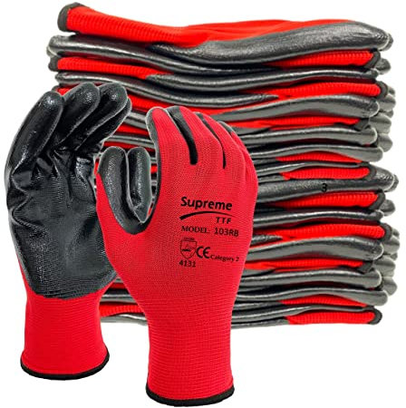 Supreme TTF 24 Pairs PREMIUM NITRILE COATED Red Nylon Work Gloves Builders Gardening Grip (XXL [Size 11])