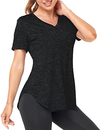 Deaviya Sport T-Shirt Damen, Fitness Sport Shirt Kurzarm Oberteile, V-Ausschnitt Laufshirt für Frauen, Workout, Gym Yoga Shirt Damen (DE/NL/SE/PL, Alphanumerisch, 3XL, Regular, Regular, Schwarz)
