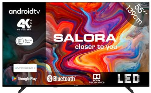 SALORA Smart TV 55 Pollici 4k Android 4K Ultra HD | HDR10 | Chromecast Integrato | Dolby Audio | WiFi, Bluetooth | Tuner DVB-T2/S2 HEVC | Classe E | HDMI x3, Bluetooth, WiFi, Televisione Nero