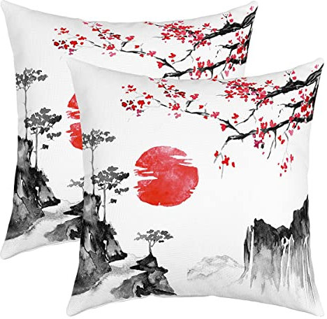 Japanische Ukiyoe Kissenbezüge Kirschblüten Rote Sonne Sofakissen Couchkissen Tinte Japanischen Stil Dekokissen 50x50cm Exotischer Stil Dekor Kissenhülle mit Reißverschluss für Couch Bett Sofa Garten
