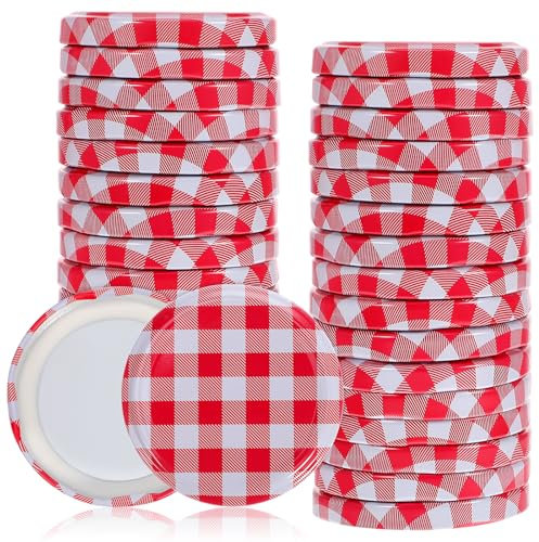 Angoily 40 Pcs 63 mm Jar Lids, Leak Proof Red Gingham Decorative Patterned Screw Caps, Regular Mouth Canning Jars Caps