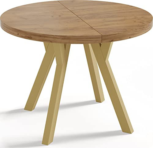 WFL GROUP Designer Runder Ausziehbarer Esstisch - Loft-Stil, Industriell, Platzsparend - Goldene Beine - 100 bis 200 cm - für 8-10 Personen - Hergestellt in EU - Wotan Eiche - 200 cm